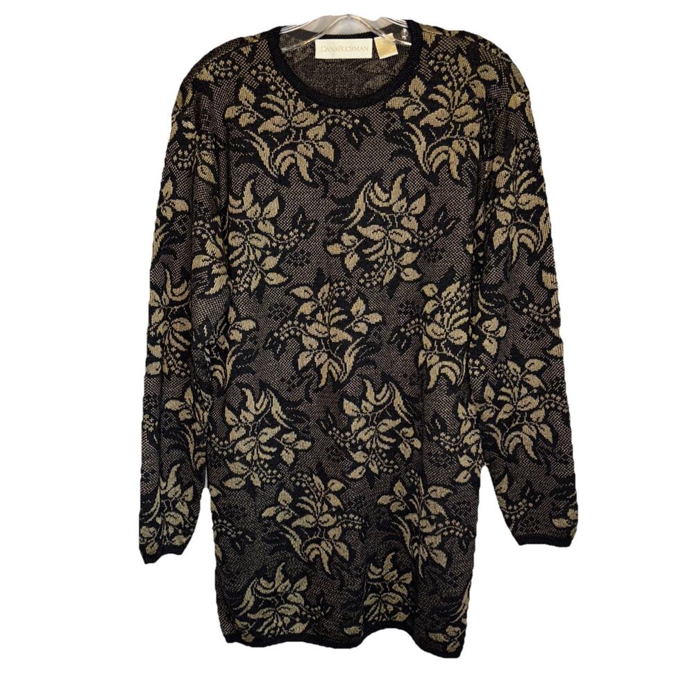 Dana Buchman Small Wool + Rayon Black & Gold Floral Pullover Sweater
